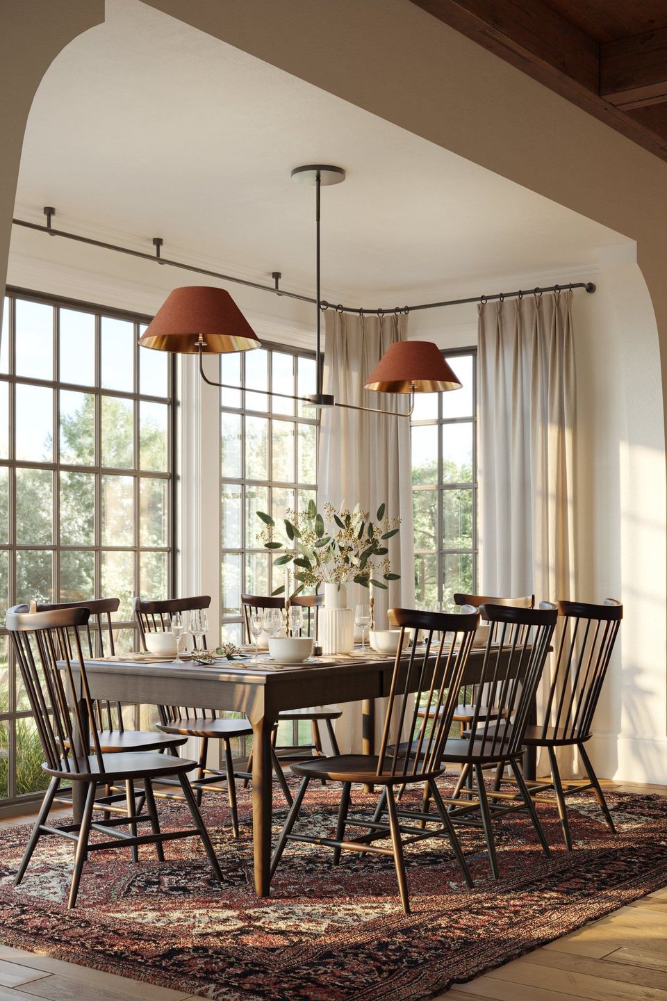 3D Visualization of a Dining Area With Wooden Chairs and Large Windows