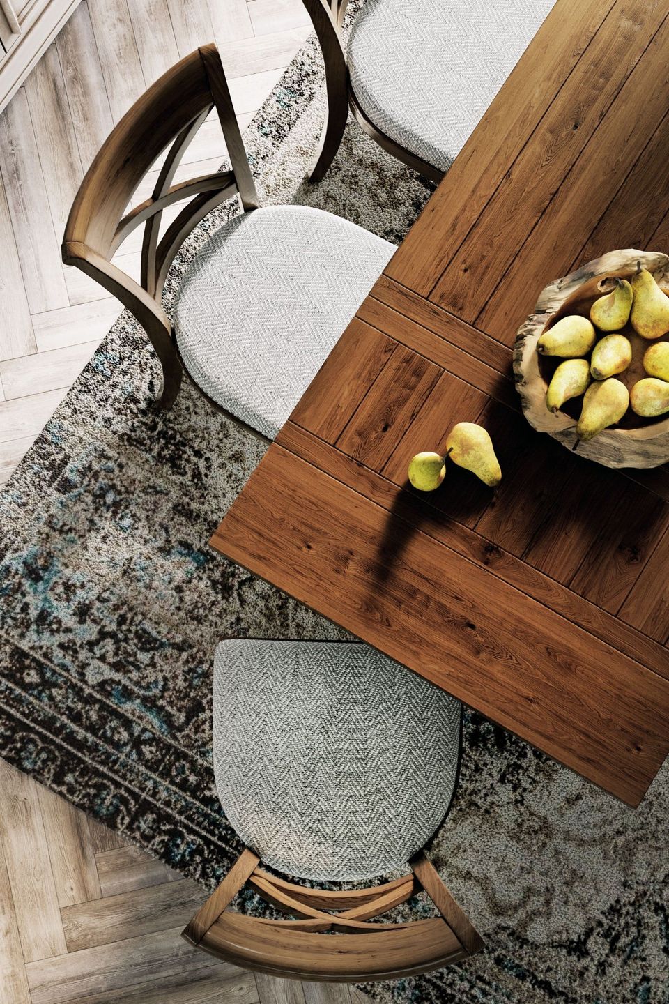 Top-notch 3D rendering of a wooden dining table with chairs and a bowl of pears, showcasing realistic furniture visualization.