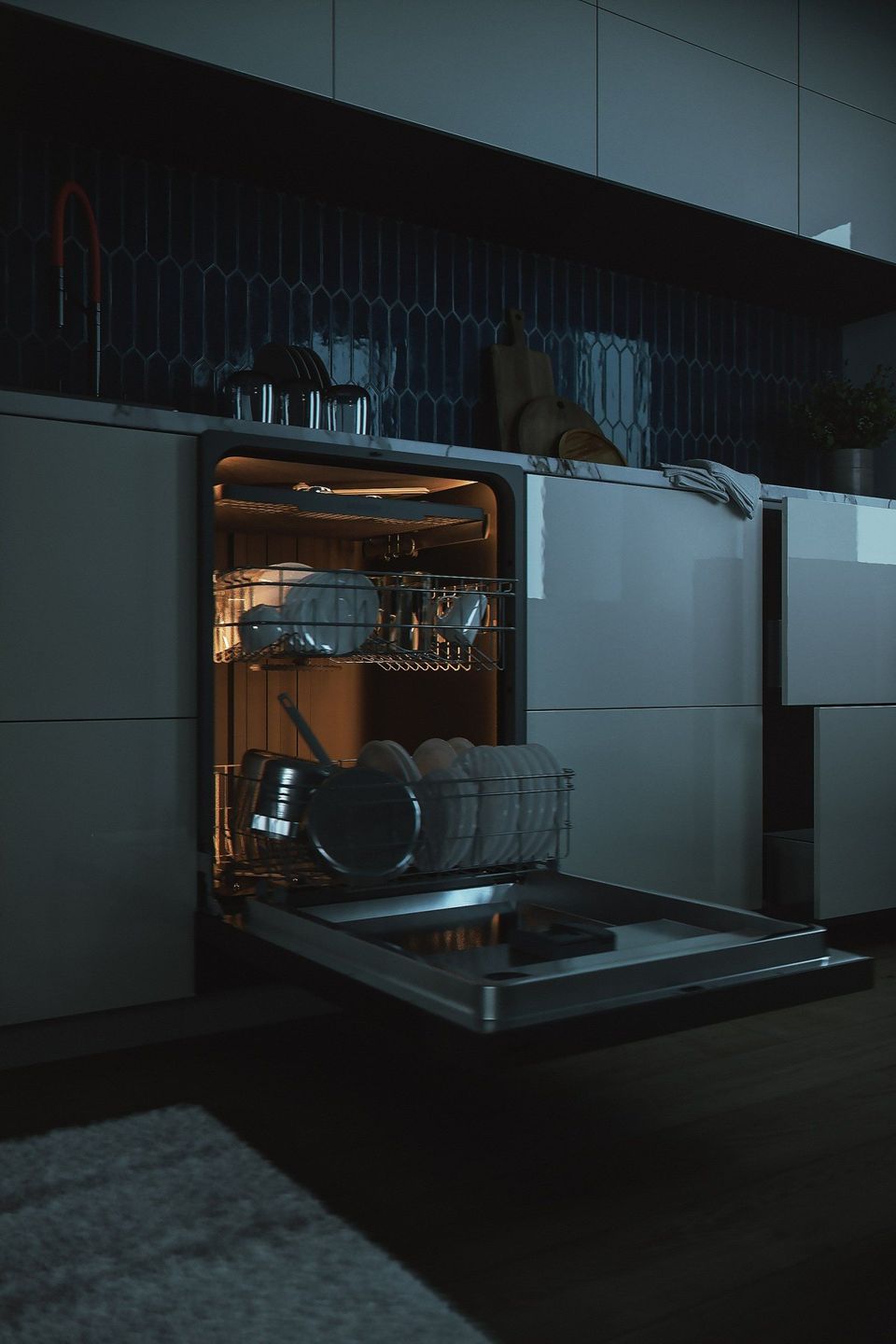 Top-notch 3D rendering of a trendy kitchen interior featuring an open dishwasher, showcasing realistic furniture visualization and photorealistic product rendering.