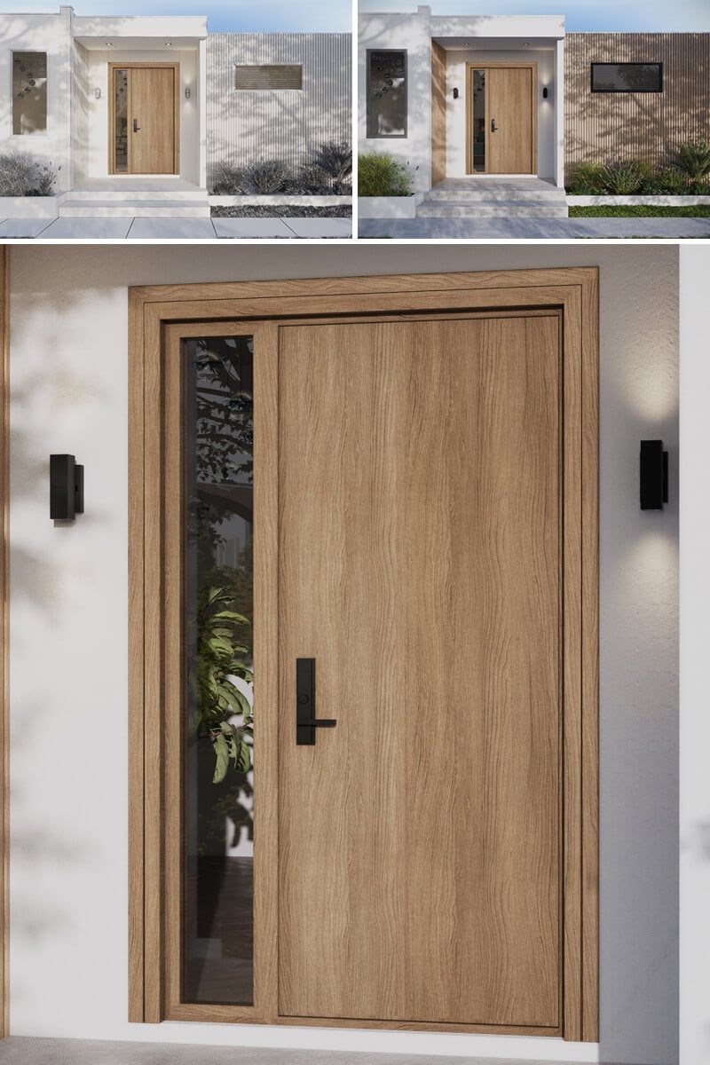 High-quality 3D rendering of a modern wooden door, showcasing realistic furniture rendering and 3D visualization for home exteriors.