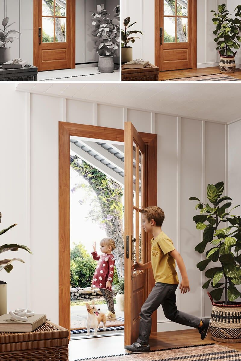 3D rendering showcasing a realistic home entrance with children and a dog, highlighting 3D furniture modeling and interior visualization.