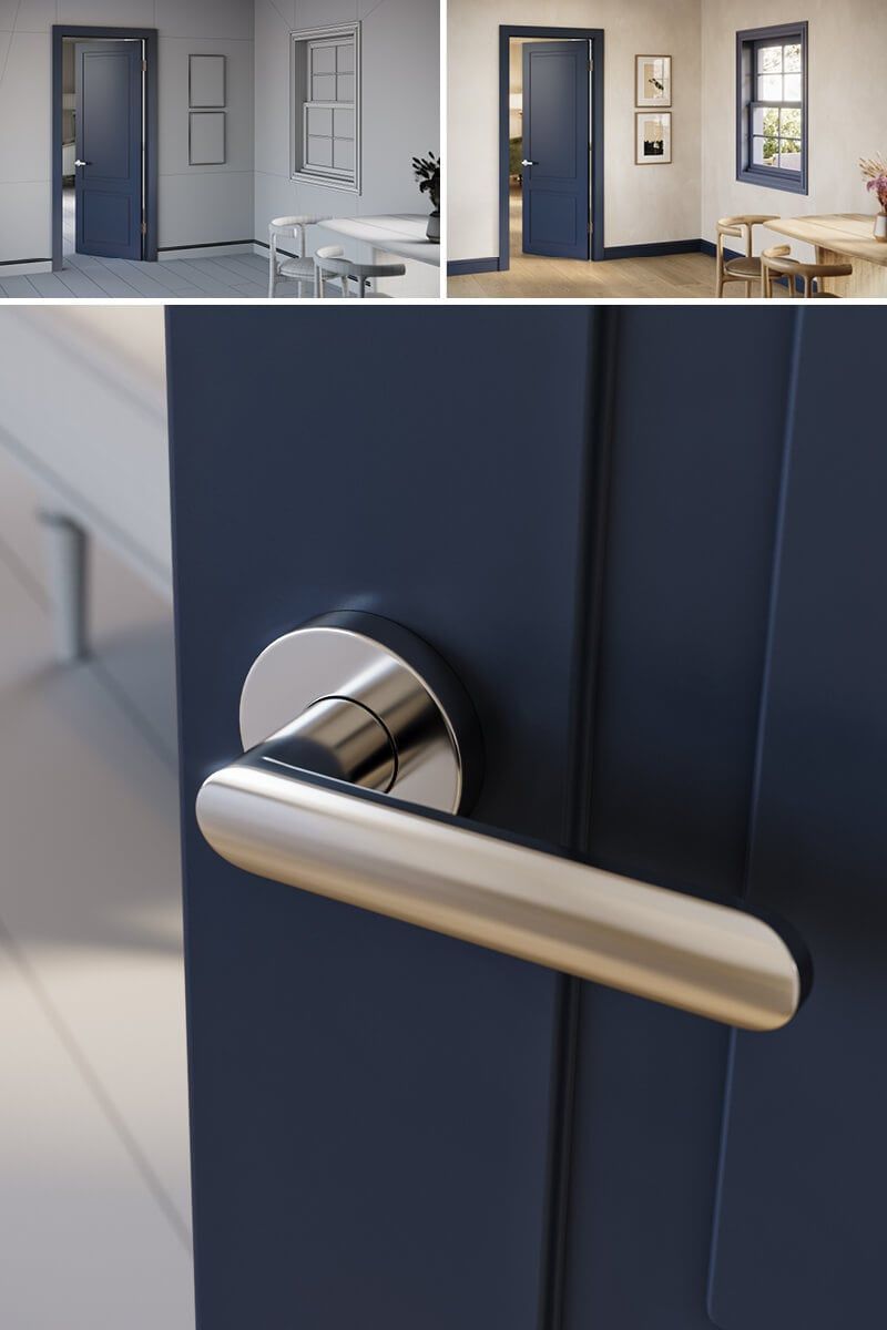 High-quality 3D interior visualization showcasing realistic furniture rendering and door handle detail