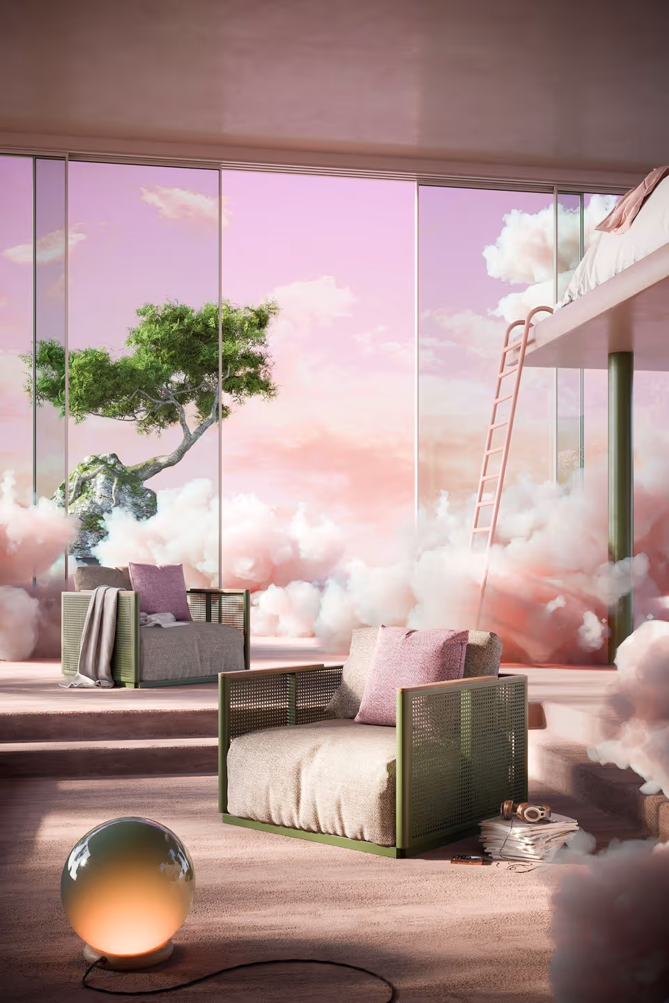3D furniture modeling and rendering showcasing a modern interior with a dreamy pink sky, featuring a green armchair and soft lighting for high-quality visualization.