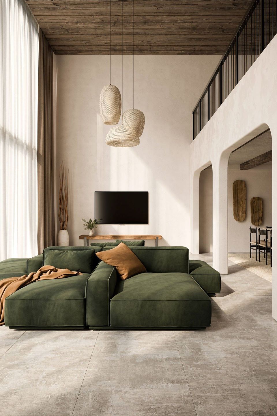 3D Rendering of a Dull Green Sofa Placed in a Minimalist Living Room With Neutral Background