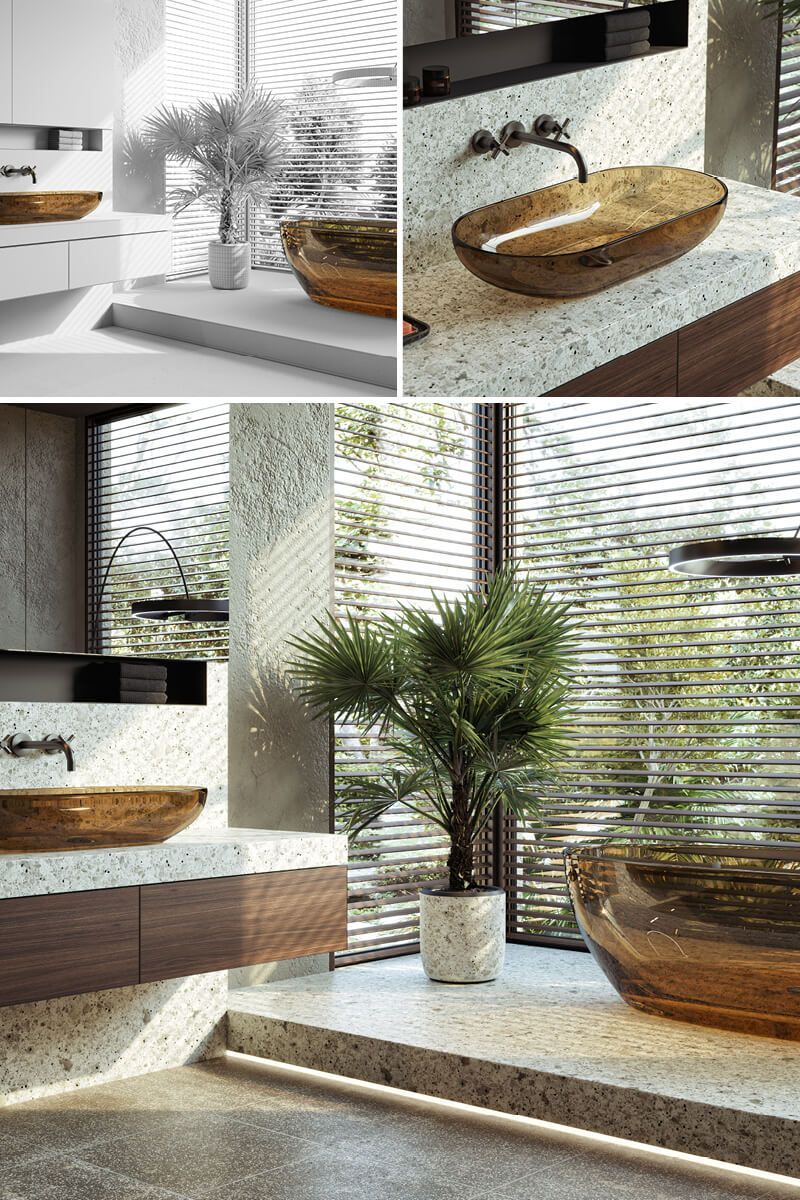 High-quality 3D visualization of a modern bathroom with realistic furniture rendering and photorealistic CGI elements.