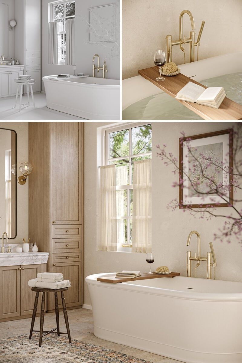 High-quality 3D visualization of a modern bathroom showcasing photorealistic rendering and 3D furniture modeling.