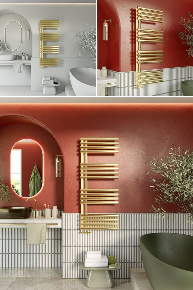 3D furniture modeling and rendering showcasing a modern bathroom with gold accents, featuring high-quality 3D visualization and photorealistic CGI rendering.