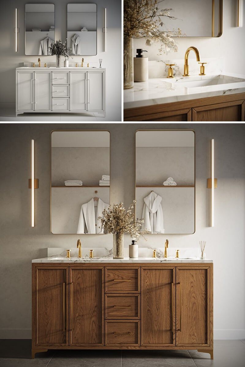 High-quality 3D furniture modeling and rendering showcasing a bathroom vanity with mirrors and lighting, demonstrating photorealistic visualization and CGI solutions.