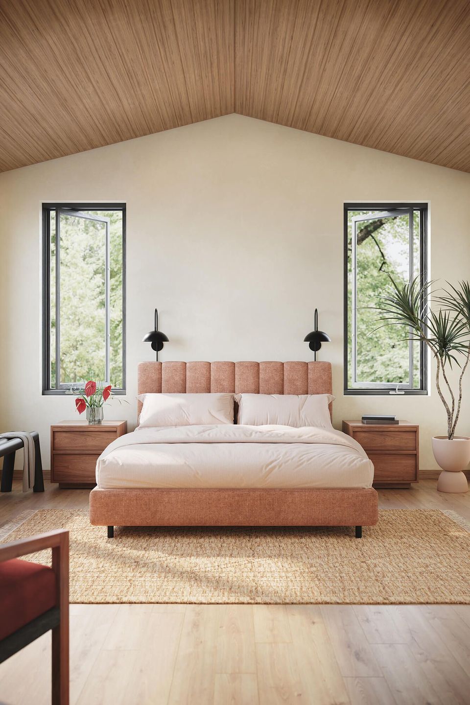 Realistic 3D rendering of a trendy bedroom showcasing bespoke house fittings and interior design, featuring realistic house fittings rendering and 3D lifestyle visualization.