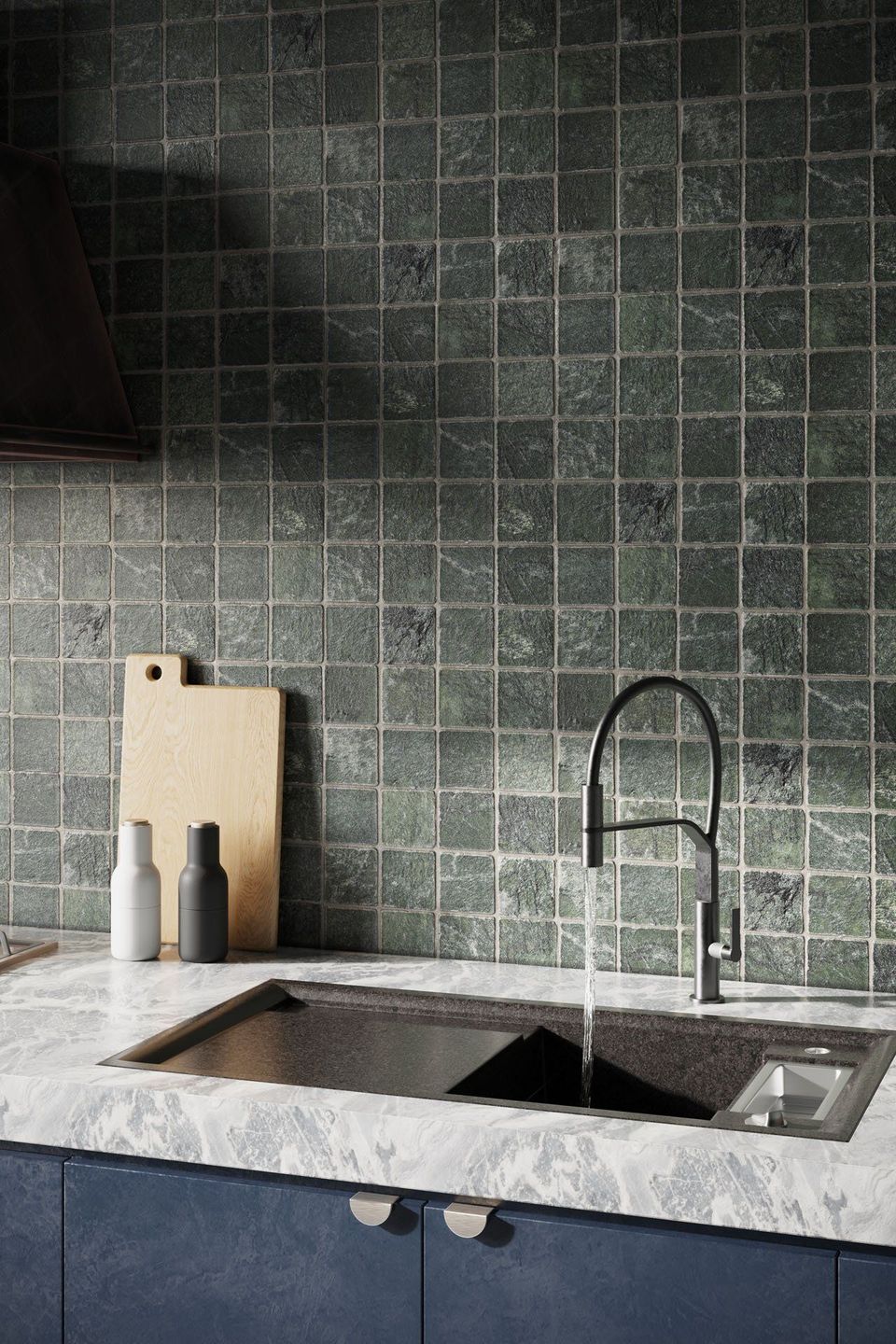 3D Visualization Of A Kitchen Sink With Flowing Water, Marble Countertop, And Green Tile Backsplash