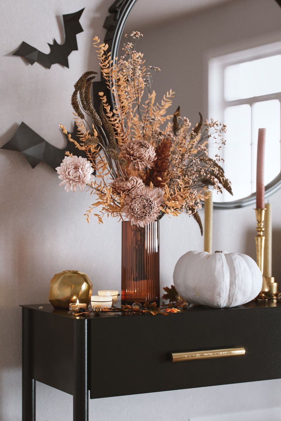 3D furniture modeling and rendering of autumn-themed interior decor with a vase, pumpkin, and candles