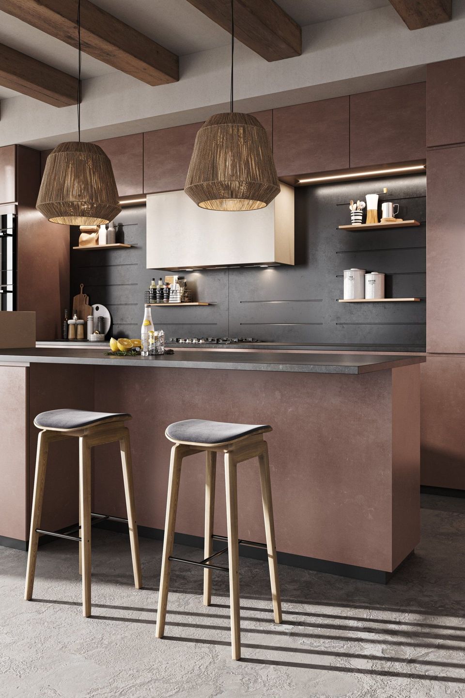 Photorealistic 3D rendering of a trendy kitchen interior featuring bespoke furniture and Top-notch visualization.
