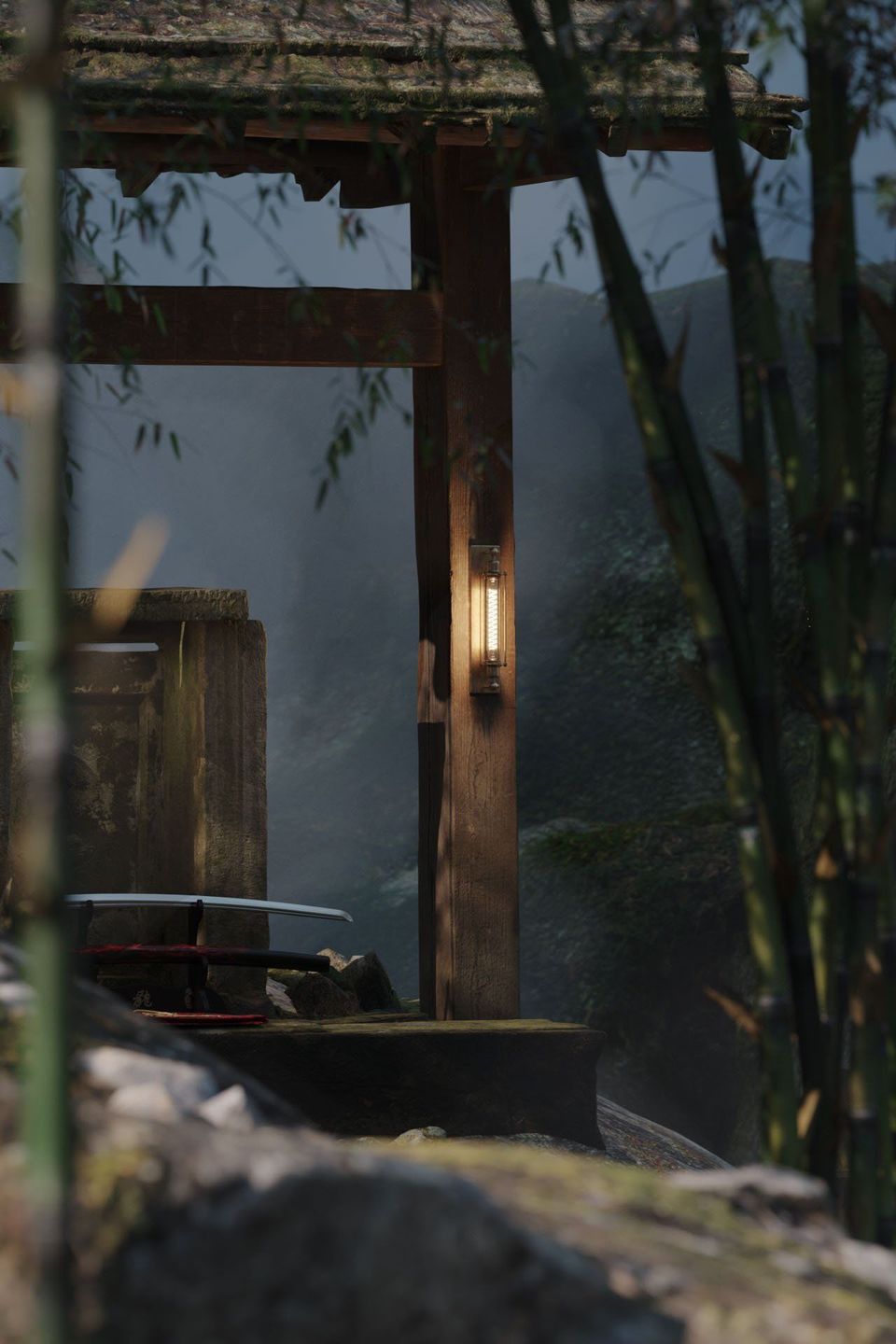 3D rendering of an outdoor scene featuring bamboo, a wooden structure, and a lantern, showcasing photorealistic CGI and 3D visualization techniques.