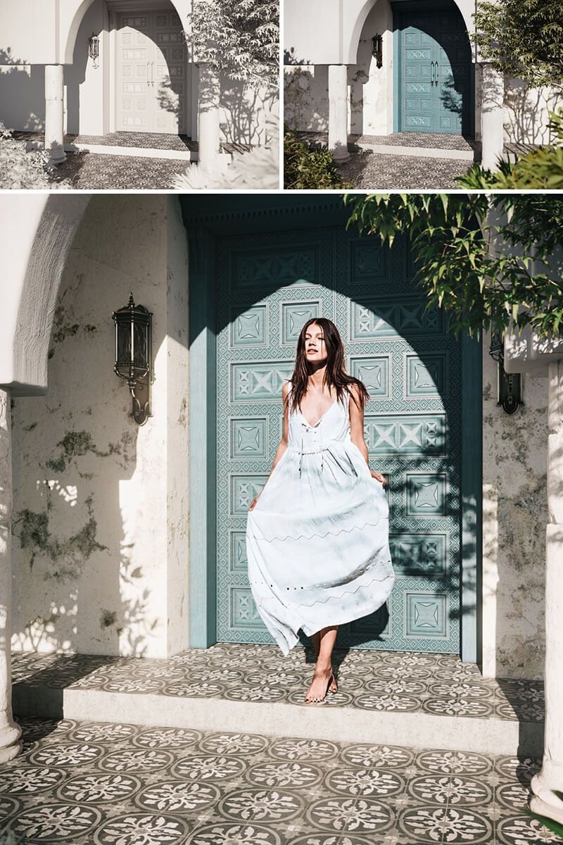 Photorealistic CGI rendering of a stylish entrance with intricate door design, showcasing 3D modeling and rendering techniques.