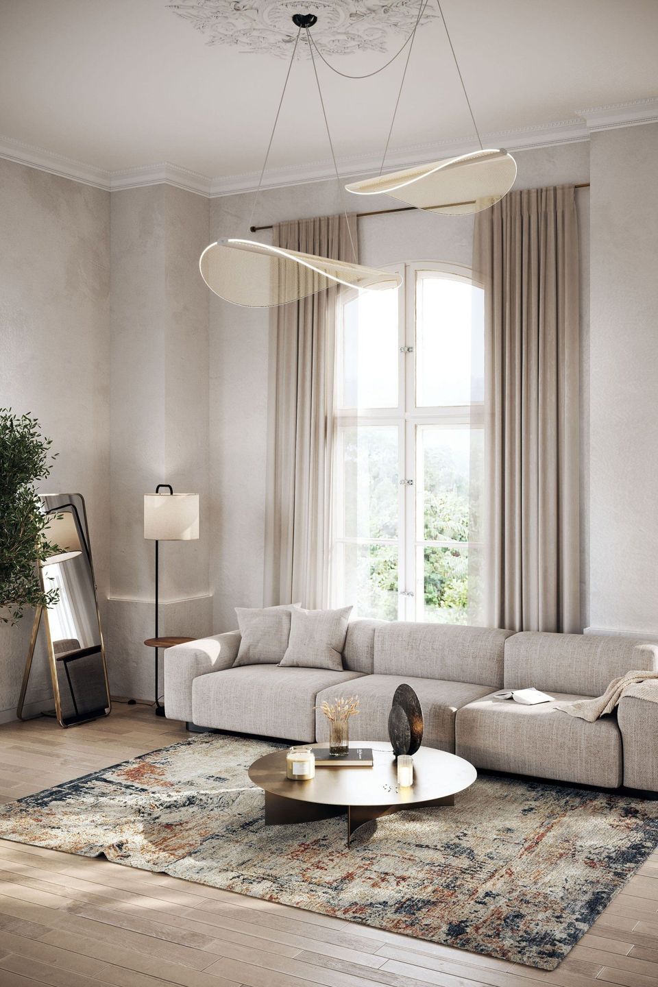 3D Rendering of a Neutral-Toned Living Room With a Large Window and Neutral Lighting