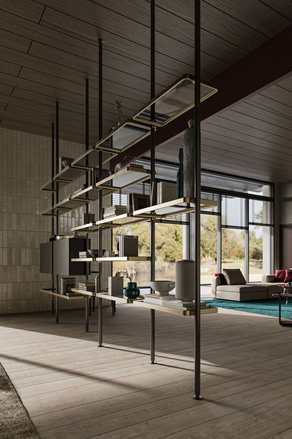 Modern Open Shelving Framing A Lounge Area With Large Windows In A Stylish 3D Rendering