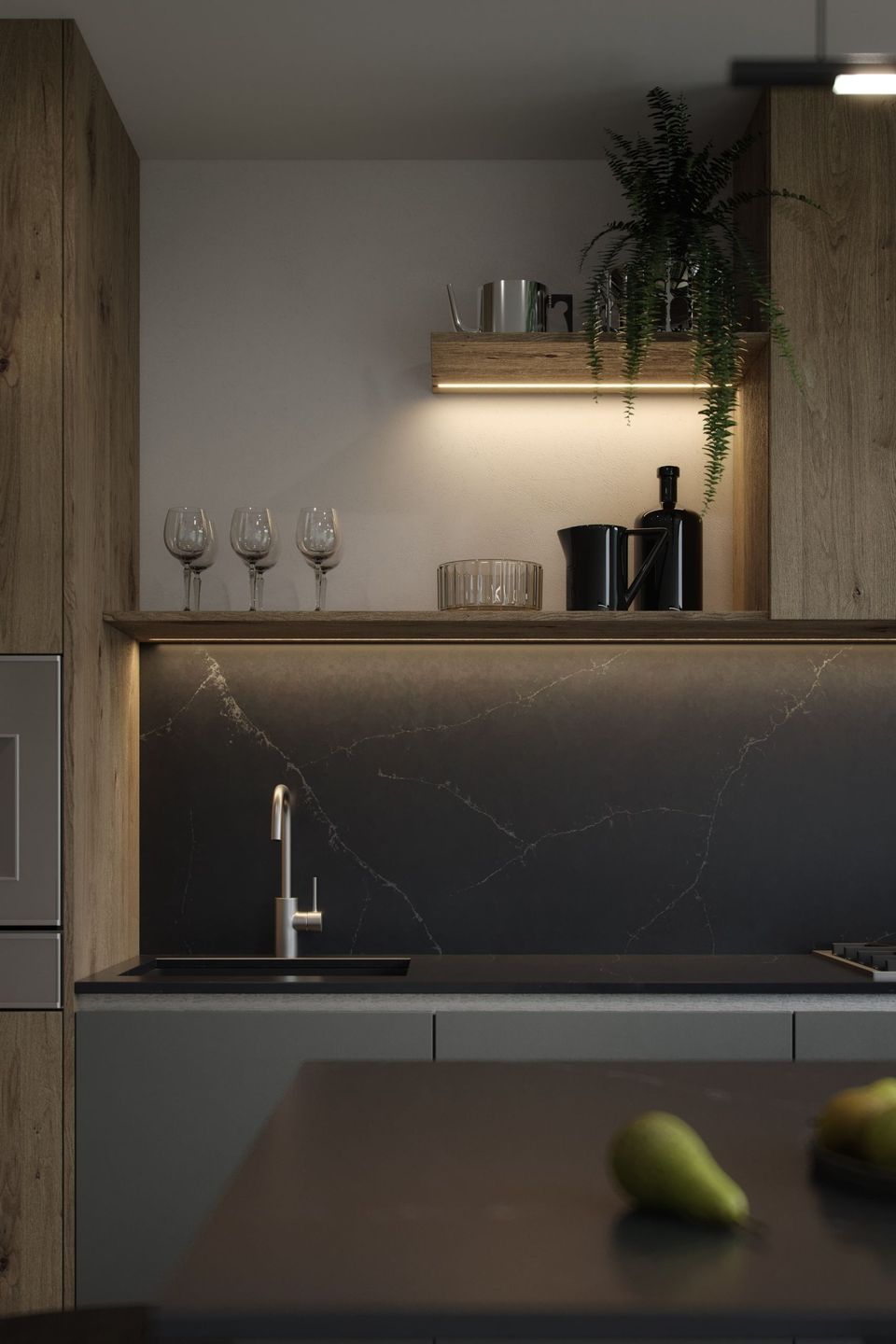 Lifestyle Rendering Of A Dark Kitchen With Wooden Cabinets, Black Countertops, And Accent Lighting