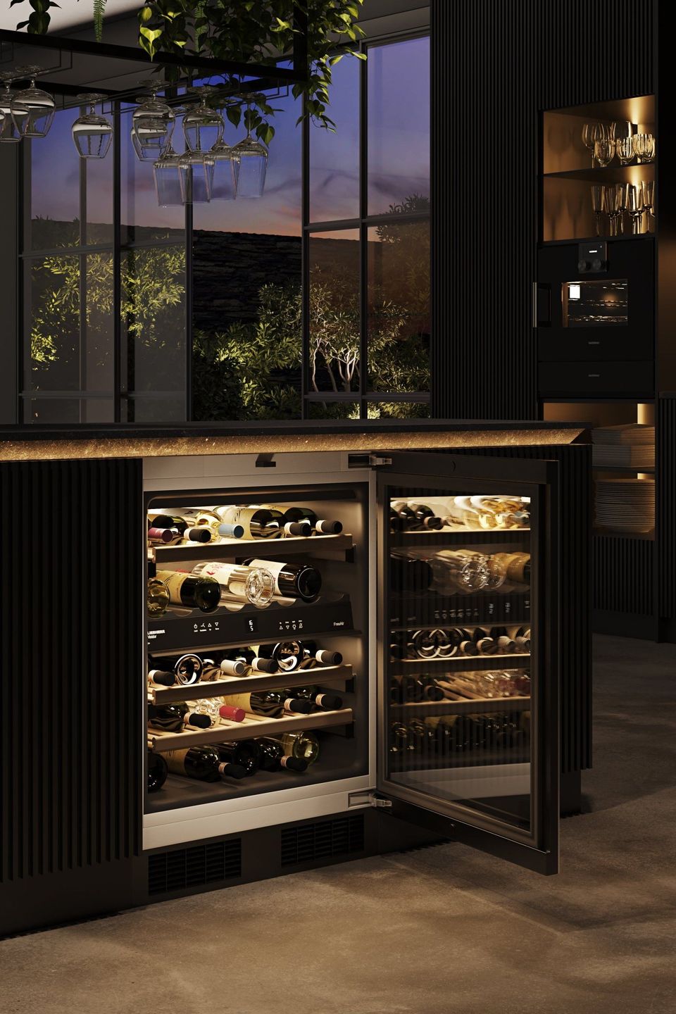 Photorealistic 3D rendering of a modern kitchen interior featuring a wine cooler, showcasing high-quality 3D furniture modeling and realistic product rendering.