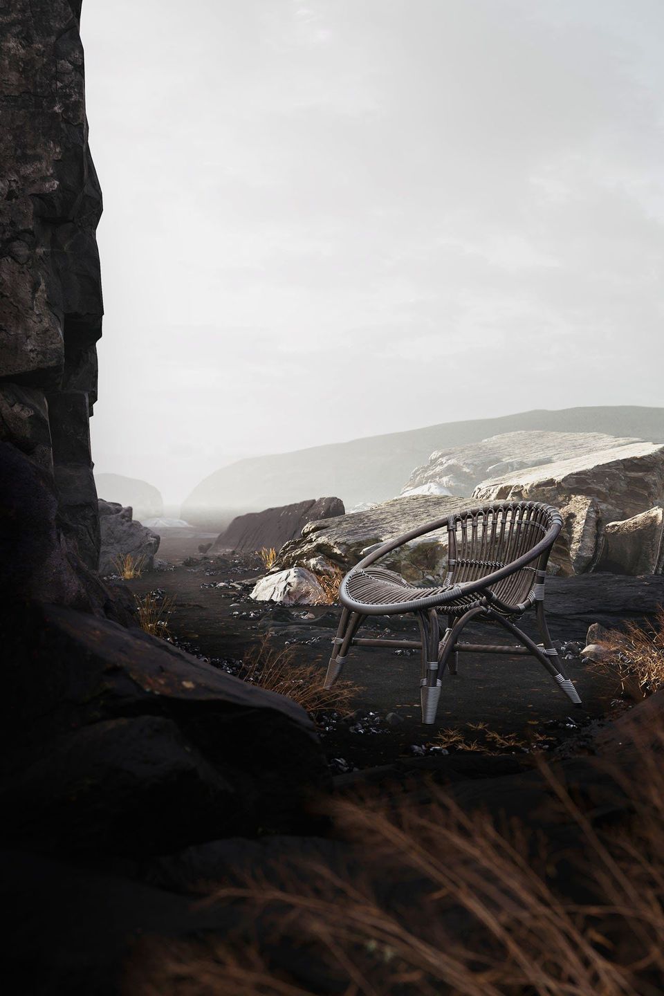 Photorealistic 3D rendering of a chair in a rocky outdoor setting, showcasing 3D furniture modeling and visualization.