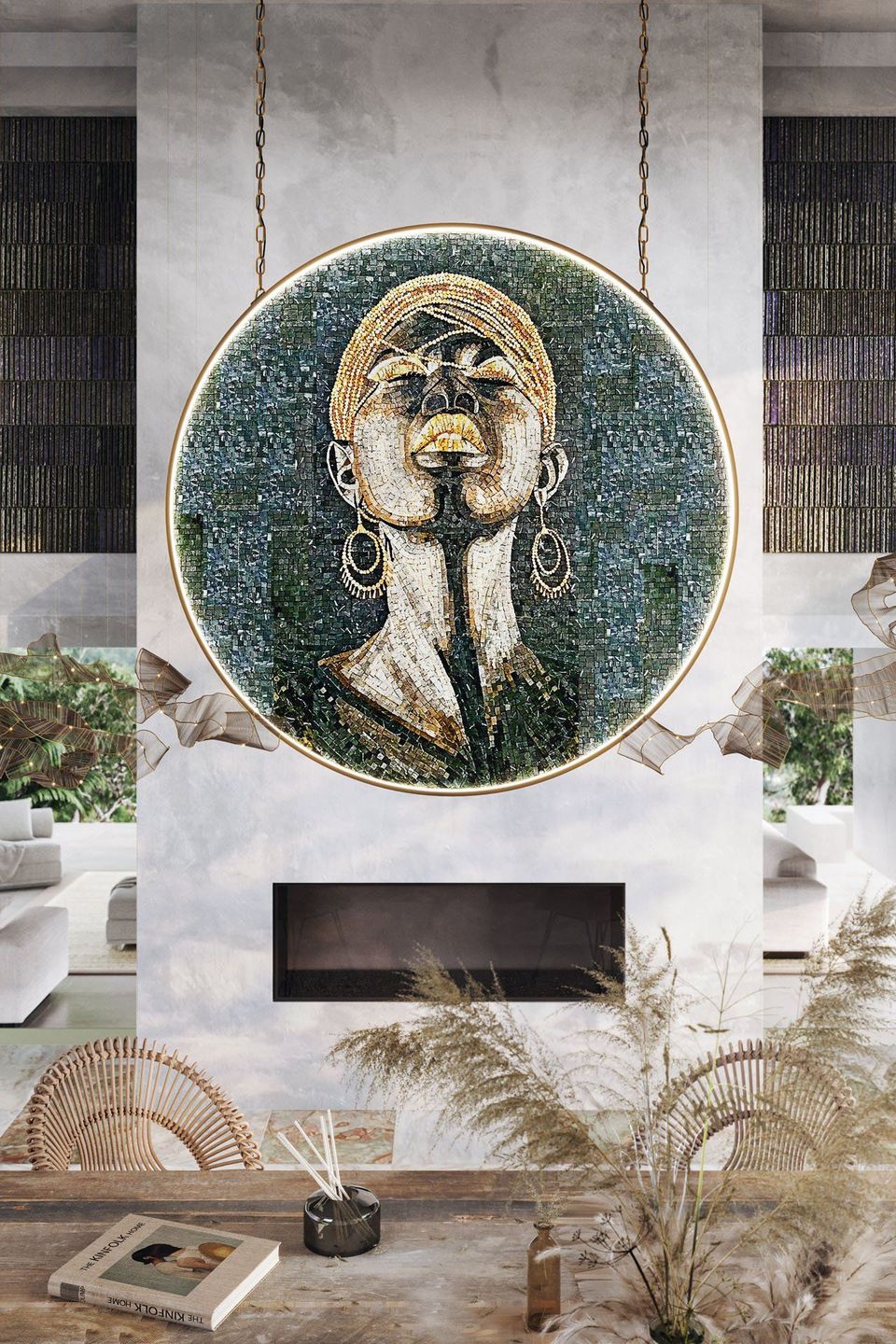 3D interior rendering showcasing a detailed artistic wall feature, highlighting top-notch 3D furniture visualization and realistic rendering techniques.