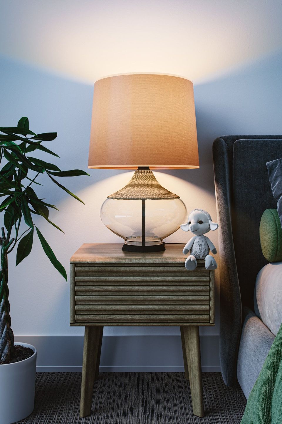 3D rendered image showcasing a bedroom interior with a lamp on a wooden nightstand, highlighting 3D furniture modeling and realistic rendering.