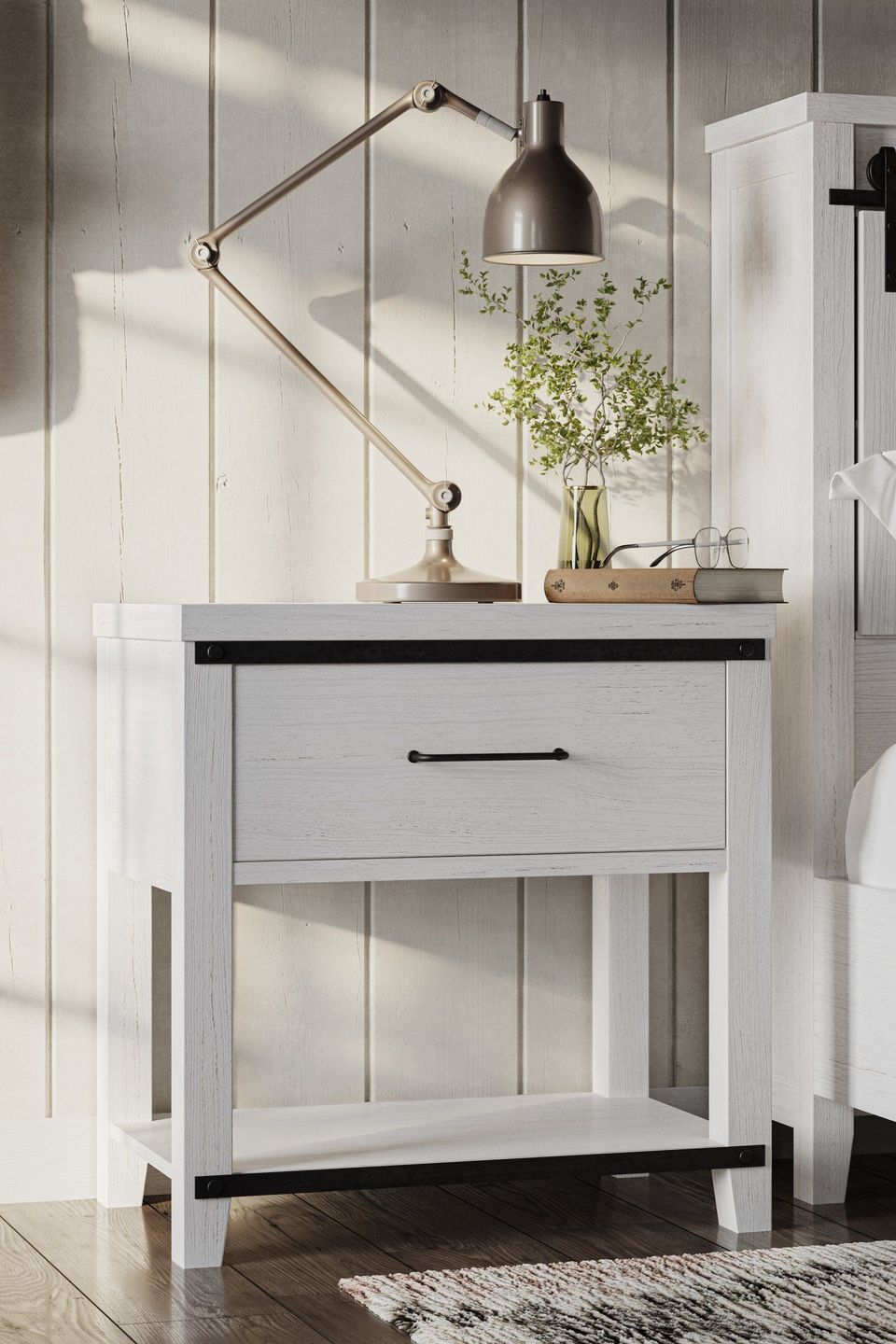 Photorealistic 3D rendering of a trendy nightstand with a lamp and decor, showcasing high-quality house fittings visualization.