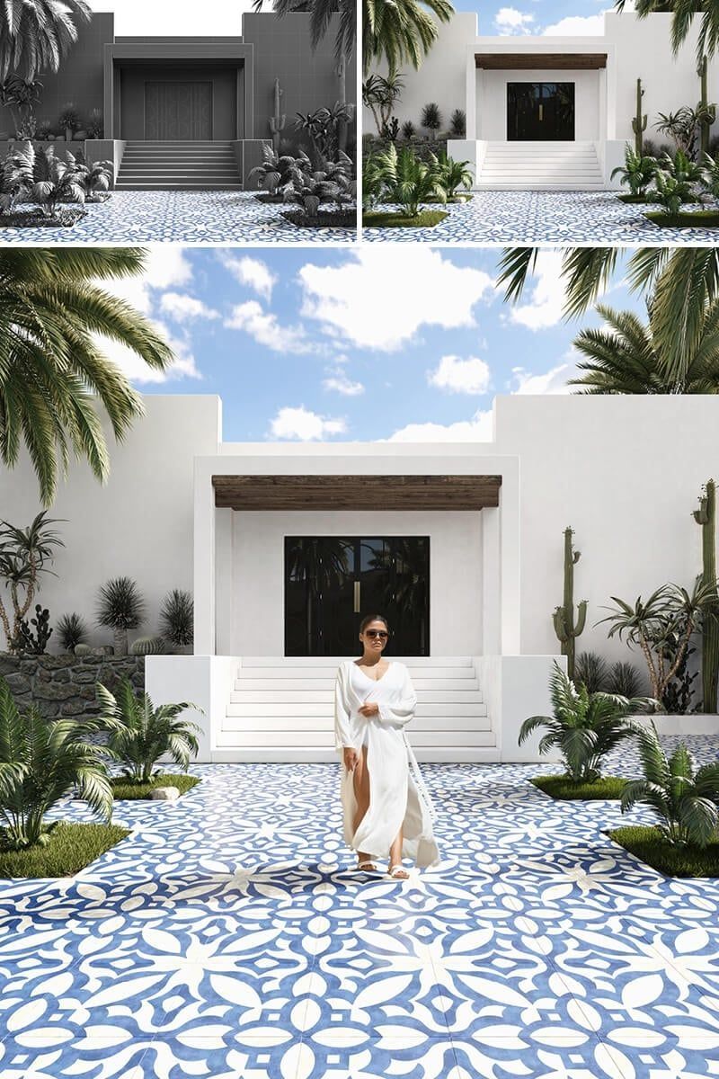 3D exterior rendering showcasing modern architecture with detailed 3D modeling and photorealistic visualization