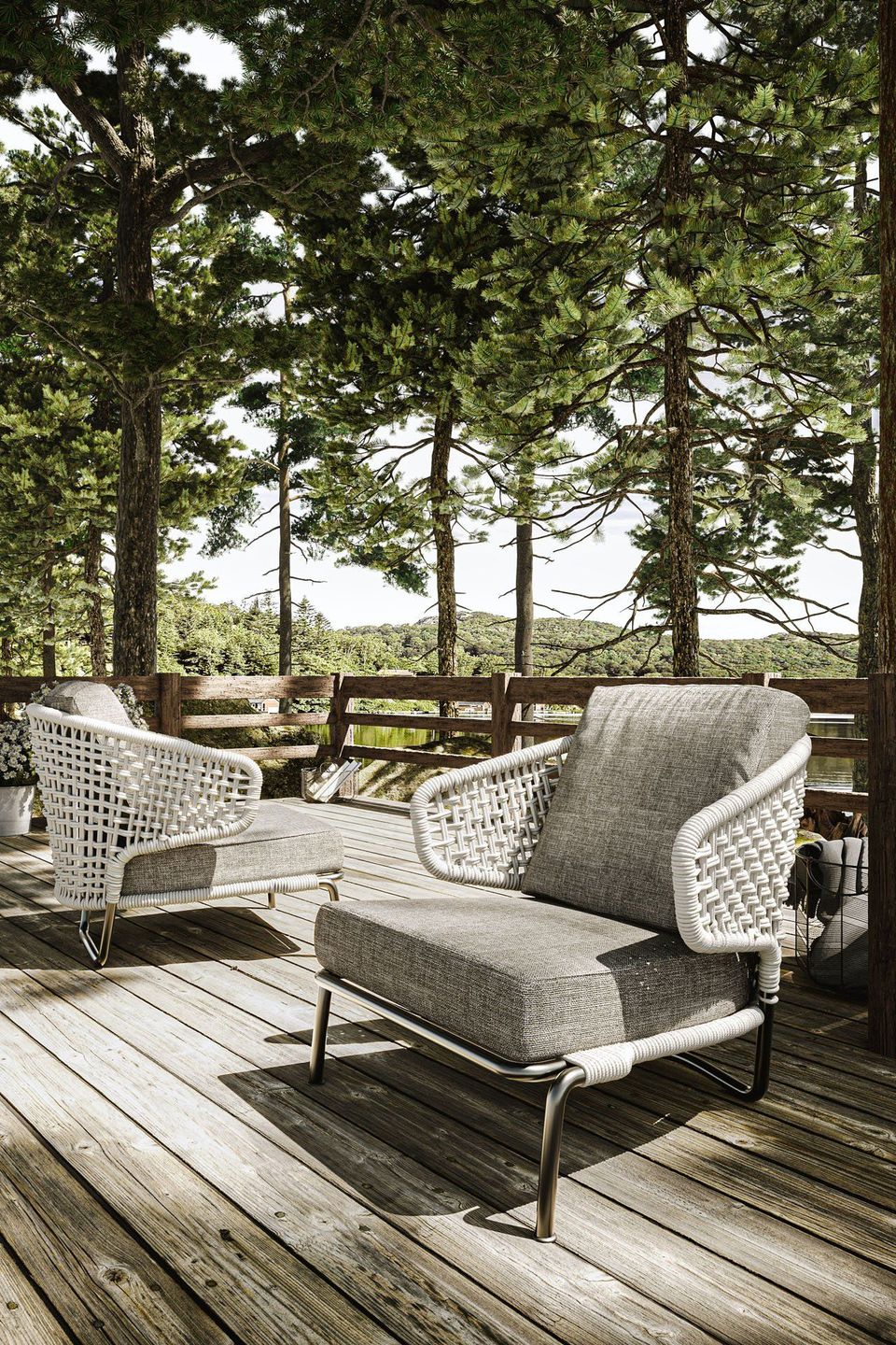 High-quality 3D rendering of outdoor patio chairs on a wooden deck, showcasing realistic furniture visualization and photorealistic CGI.