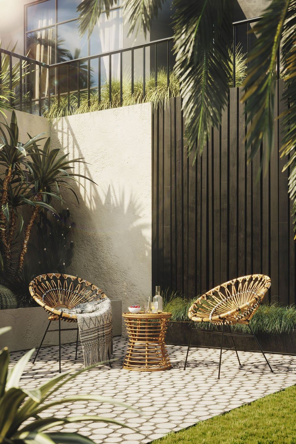 3D Visualization for a Cozy Patio Corner with Two Rattan Chairs, Side Table and Tropical Plants