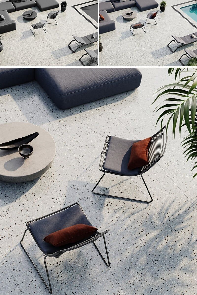 High-quality 3D furniture modeling and rendering showcasing an outdoor patio with chairs and a table, highlighting realistic furniture rendering and 3D lifestyle visualization.