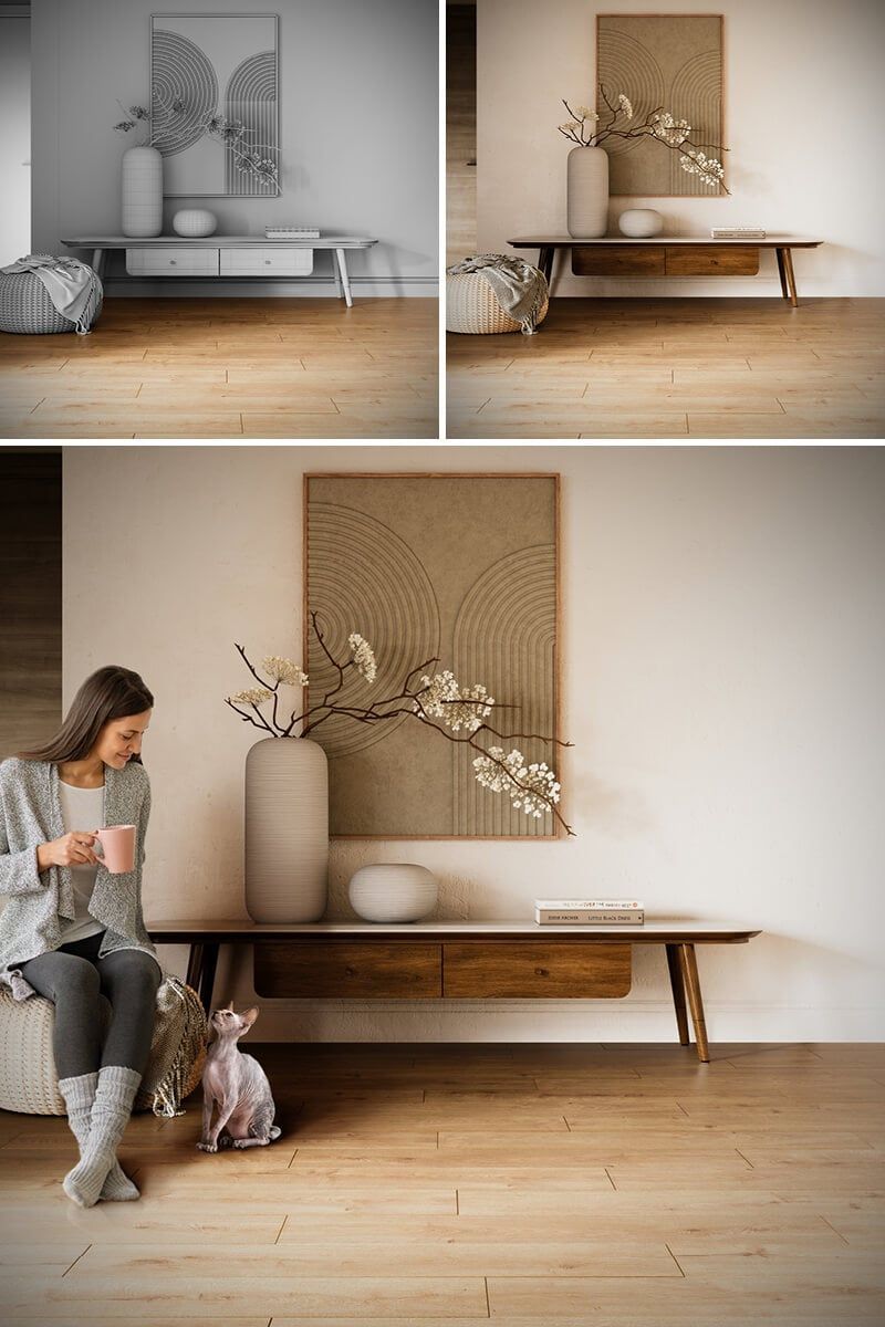 High-quality 3D furniture modeling and rendering showcasing a modern interior design with realistic visualization