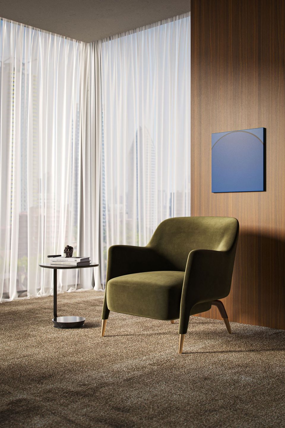 3D Visualization of a Comfy Chair Rendered With Soft Fabric and a Wooden Frame