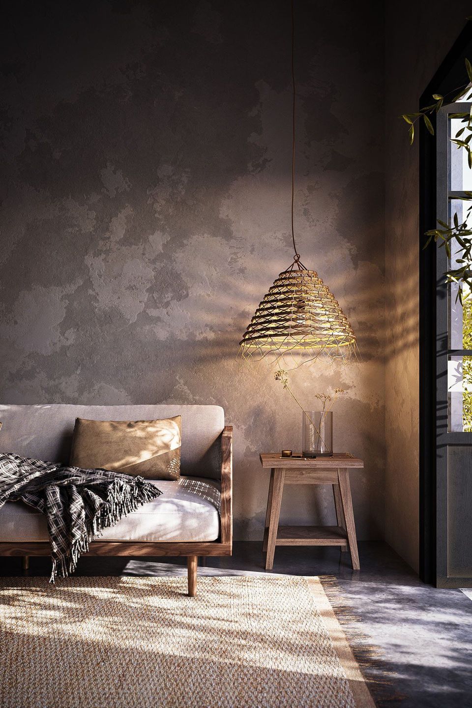 3D Rendering Of A Woven Straw Lamp Hanging Above A Minimalist Wooden Dining Table