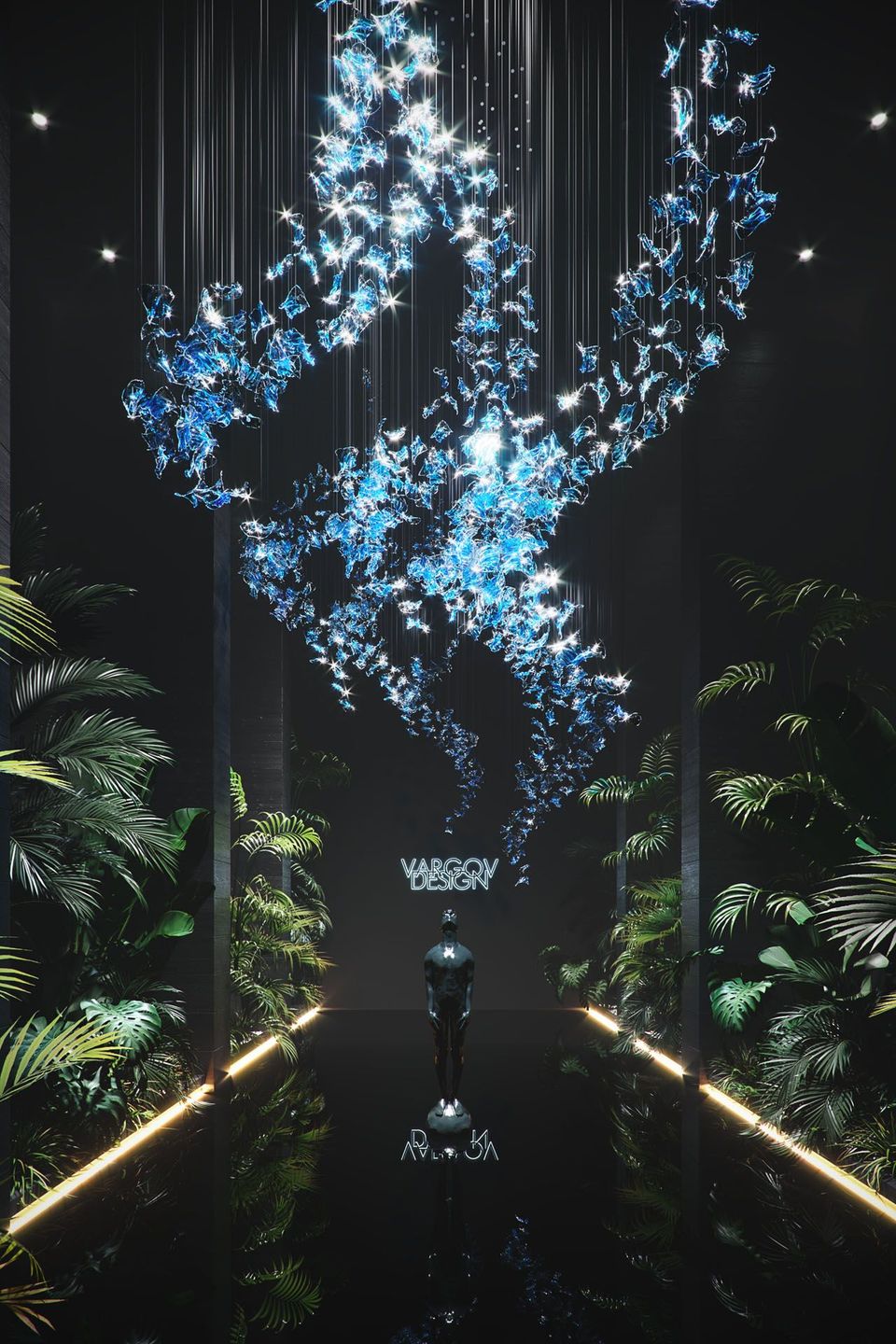 High-quality 3D interior rendering showcasing bespoke lighting and realistic plant visualization