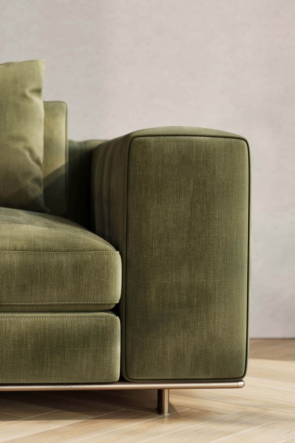 3D furniture modeling and rendering of a modern green sofa, showcasing high-quality 3D visualization and photorealistic CGI.