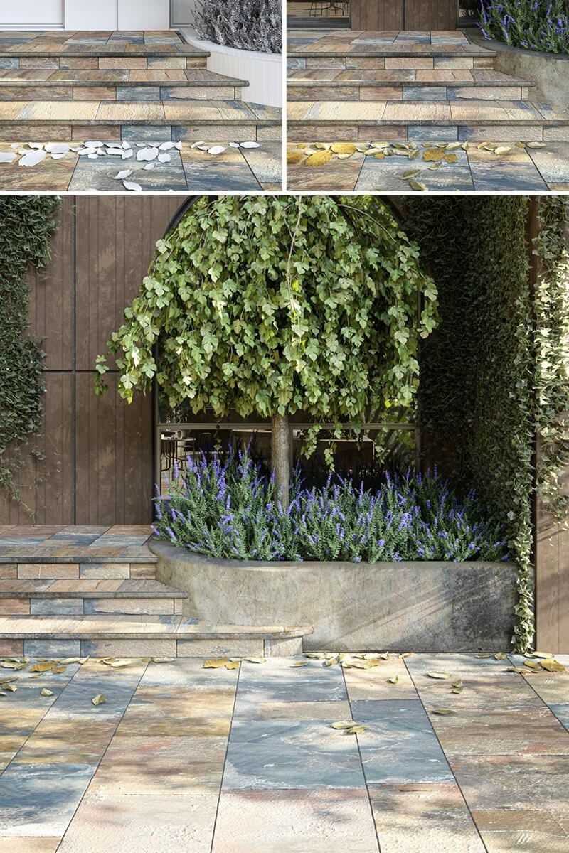 High-quality 3D exterior rendering showcasing realistic stone steps and lush greenery, ideal for 3D visualization and CGI projects.