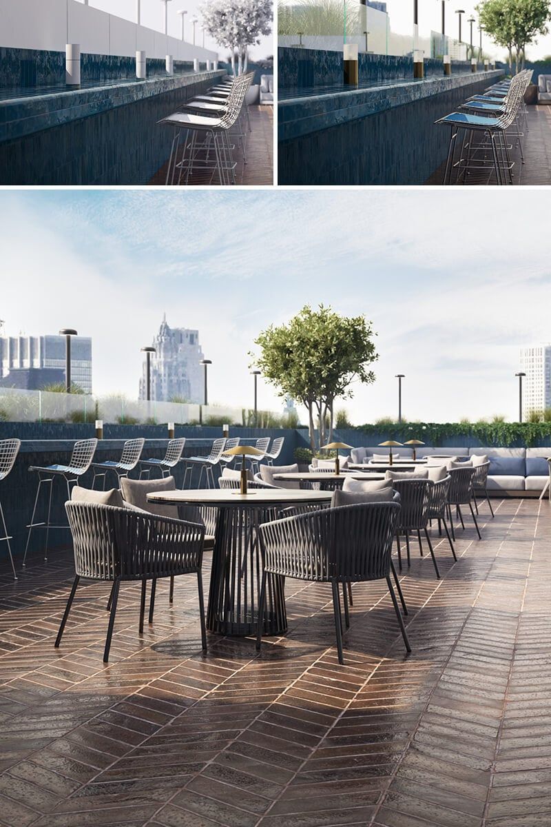 High-quality 3D furniture modeling and rendering showcasing an outdoor seating area with chairs and tables, emphasizing realistic furniture rendering and 3D lifestyle visualization.