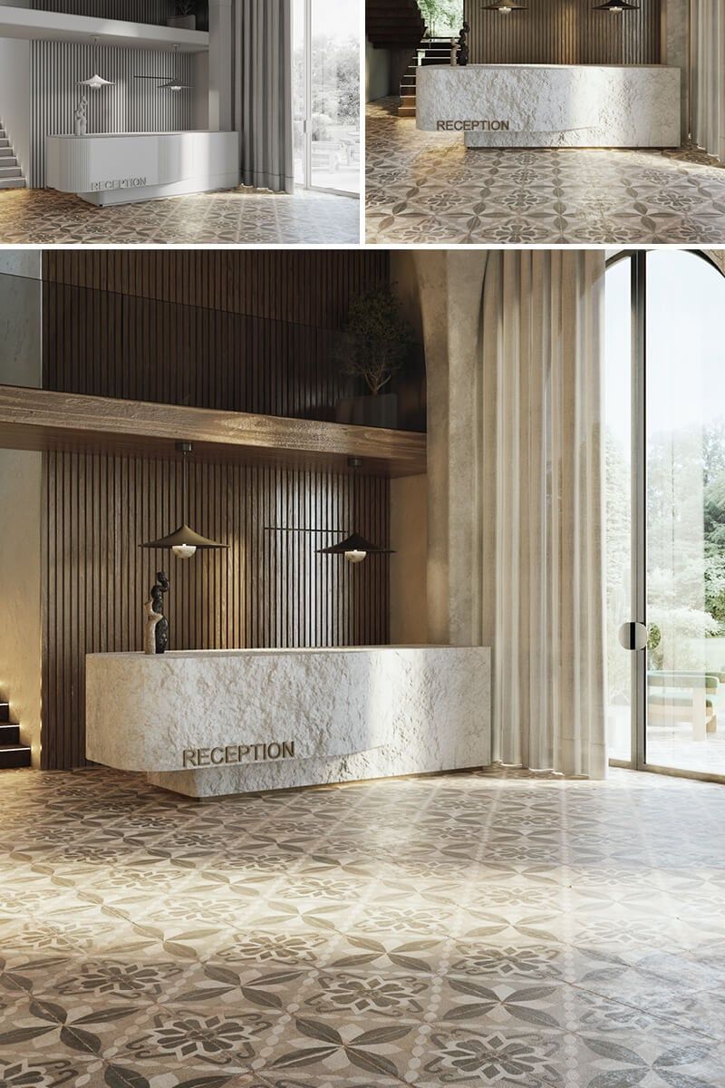 High-quality 3D rendering of a modern reception area showcasing 3D furniture modeling and photorealistic visualization