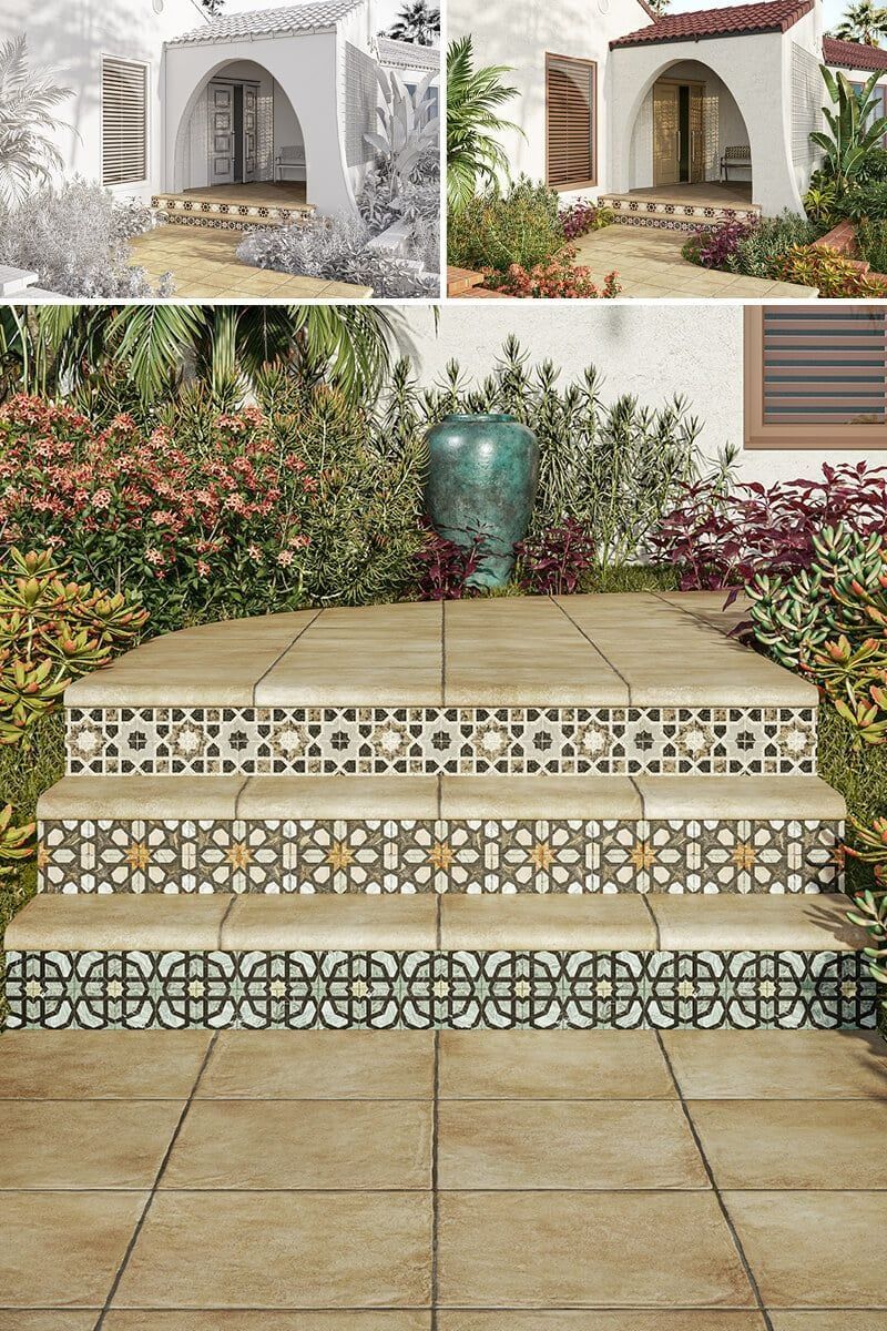 High-quality 3D rendering of a modern patio with detailed tile work and lush greenery, showcasing 3D exterior visualization and realistic rendering techniques.