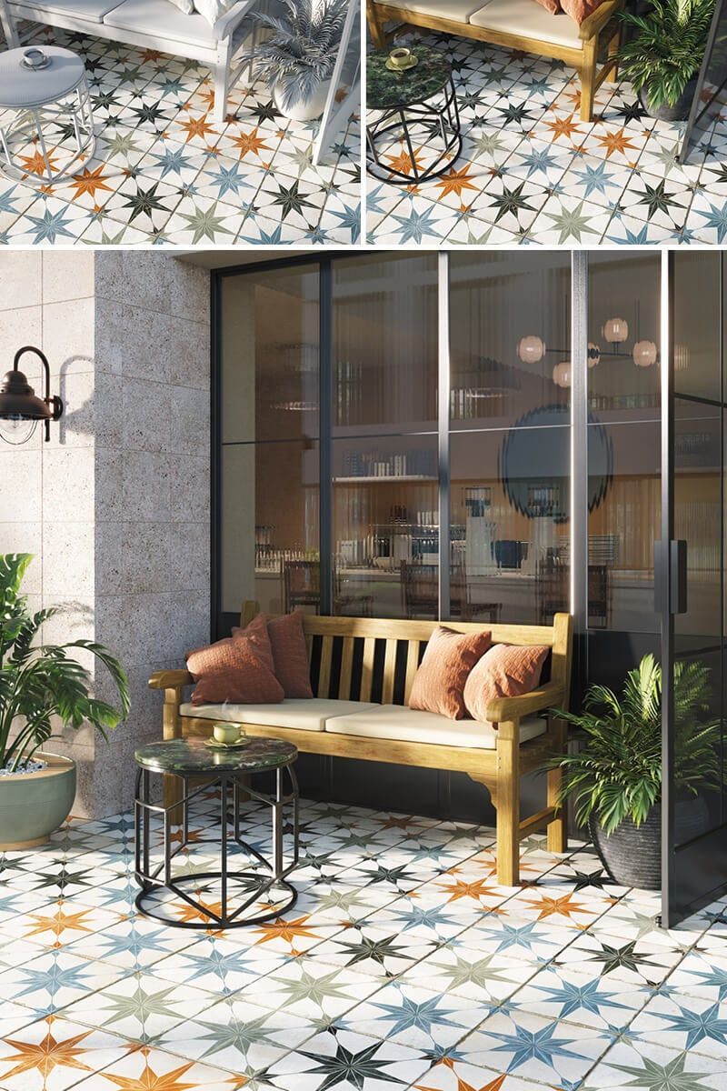 3D furniture modeling and rendering showcasing an outdoor patio with realistic furniture and detailed tile design