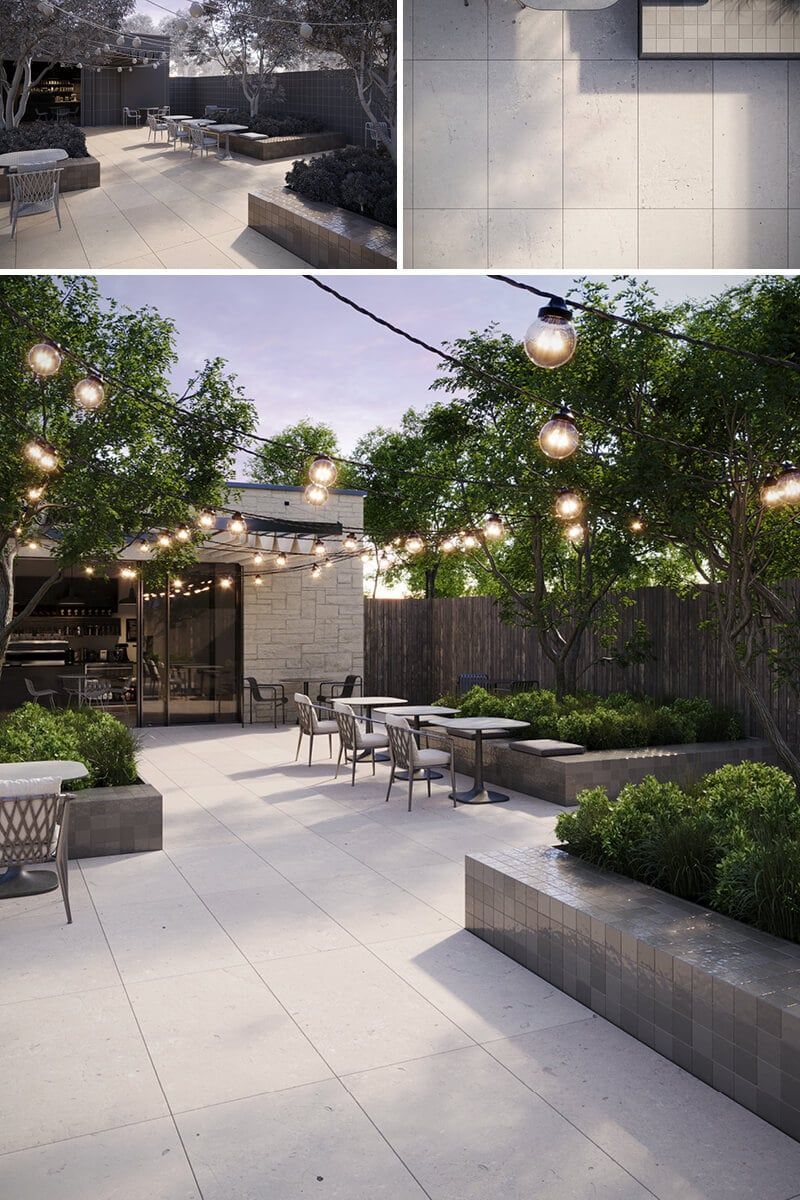 3D rendering of an outdoor patio with furniture, showcasing realistic 3D visualization and photorealistic rendering.