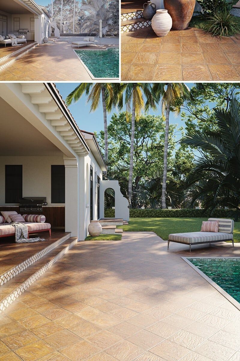 High-quality 3D rendering of an outdoor patio with furniture, showcasing realistic 3D modeling and visualization.