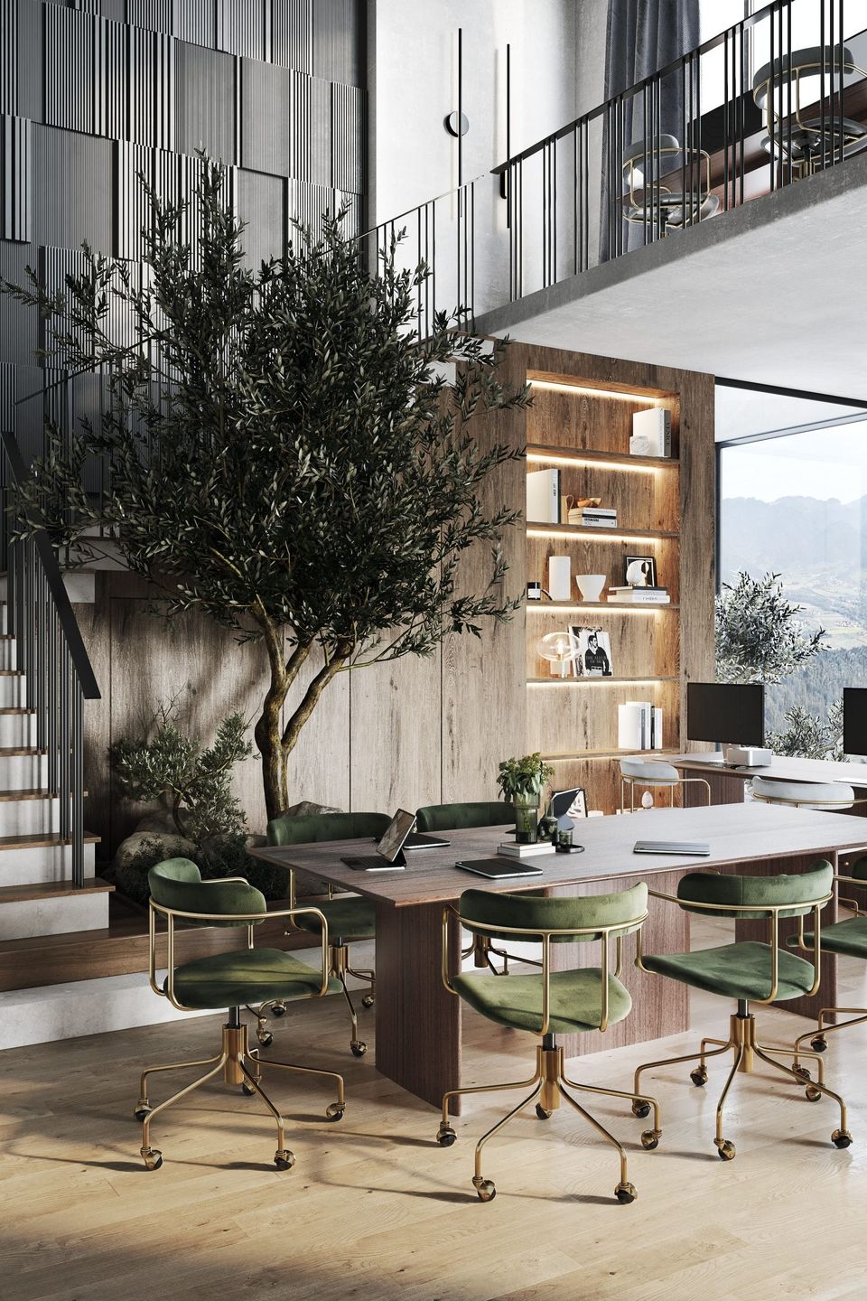 3D Visualization Of A Two-Store Office Interior With Meeting Areas And Workstations