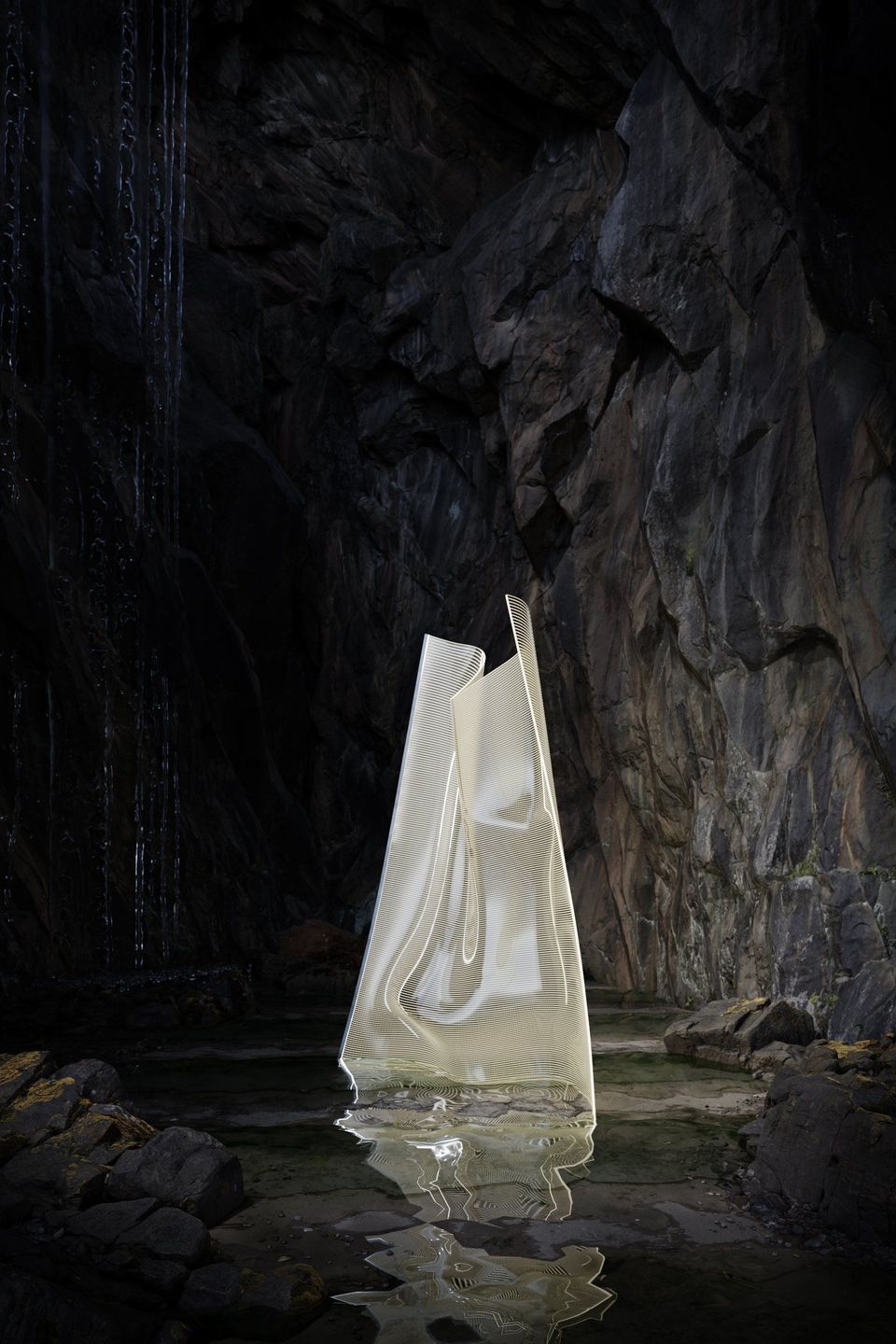 3D rendered furniture piece in a rocky environment, showcasing 3D furniture modeling and rendering techniques