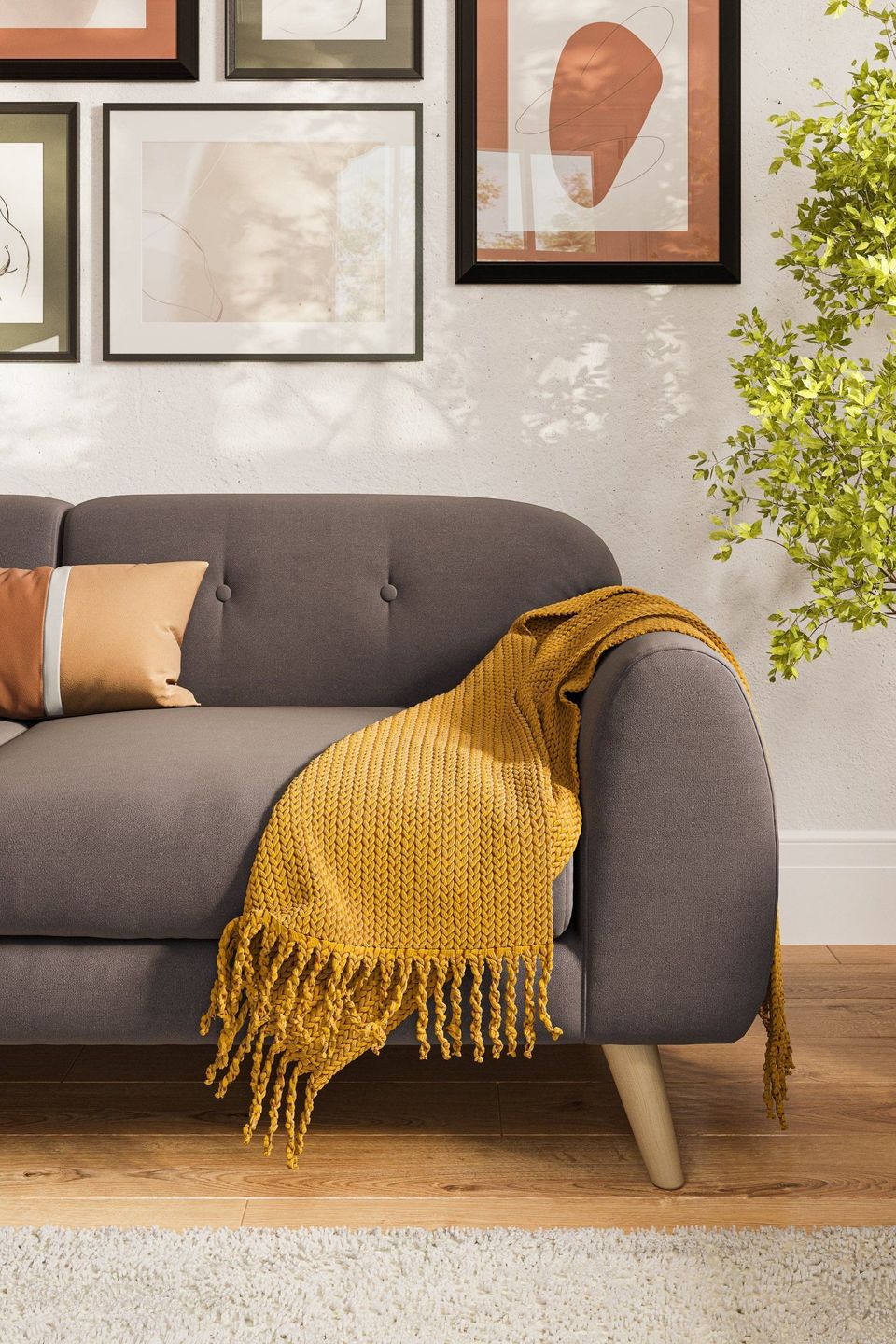 3D house fittings rendering showcasing a trendy sofa with a textured blanket, part of a 3D interior visualization project.