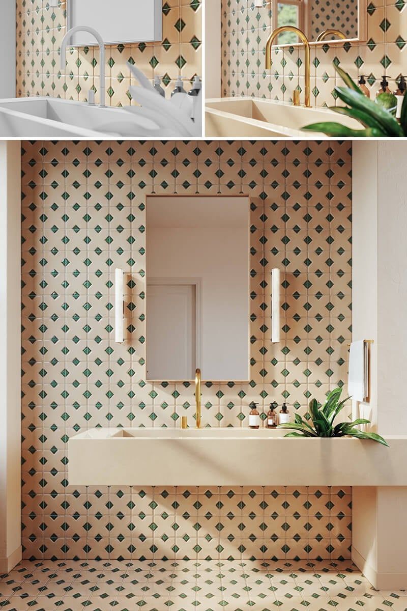 High-quality 3D rendering of a bathroom interior showcasing realistic furniture and tile design, featuring 3D modeling and visualization techniques.