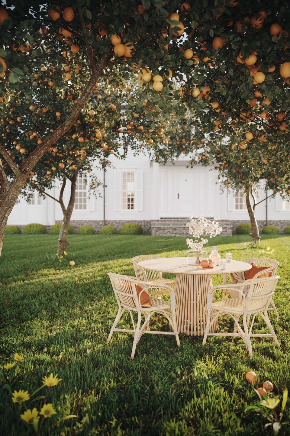 3D furniture modeling and rendering of a garden scene with a wooden table and chairs under fruit trees, showcasing realistic 3D visualization and photorealistic rendering.
