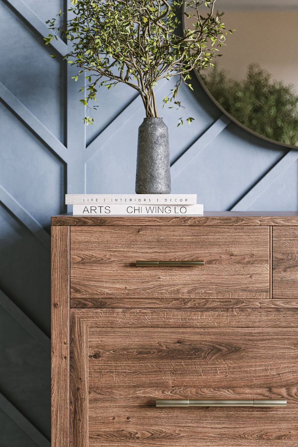 3D rendered image of a wooden cabinet with decorative elements, showcasing realistic furniture rendering and 3D interior visualization.