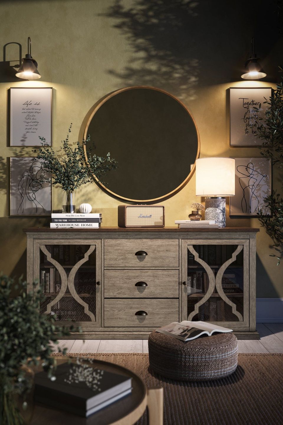 Realistic 3D rendering of a rustic house fittings setup with realistic lighting and decor, showcasing 3D house fittings modeling and visualization.