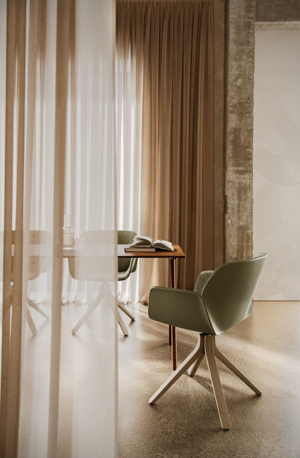 3D Visualization of a Home Office Corner With Curtains and Soft Lighting